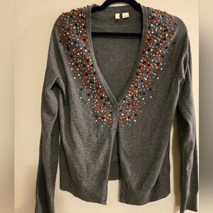 Moth Embellished Gray Cardigan Sweater